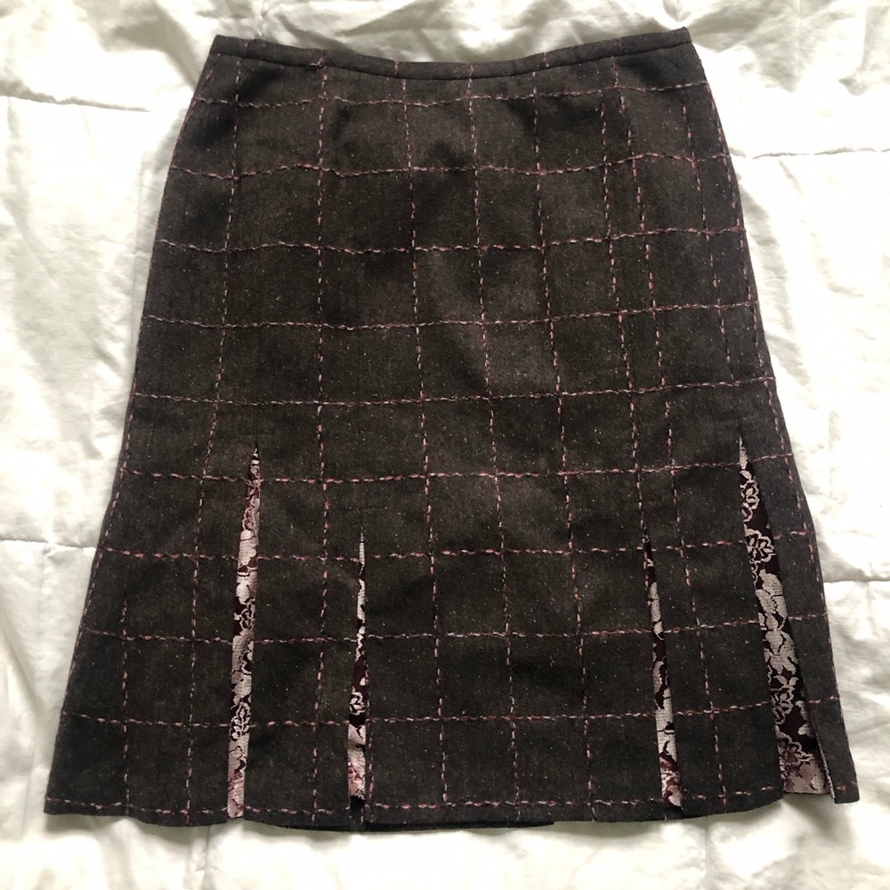 euc vintage Tristan & Iseut brown wool pink lace box pleats knee skirt Canada 10